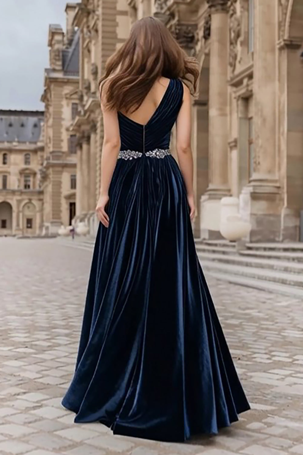 Sparkly Navy Beaded One Shoulder Long Velvet Holiday Party Dress