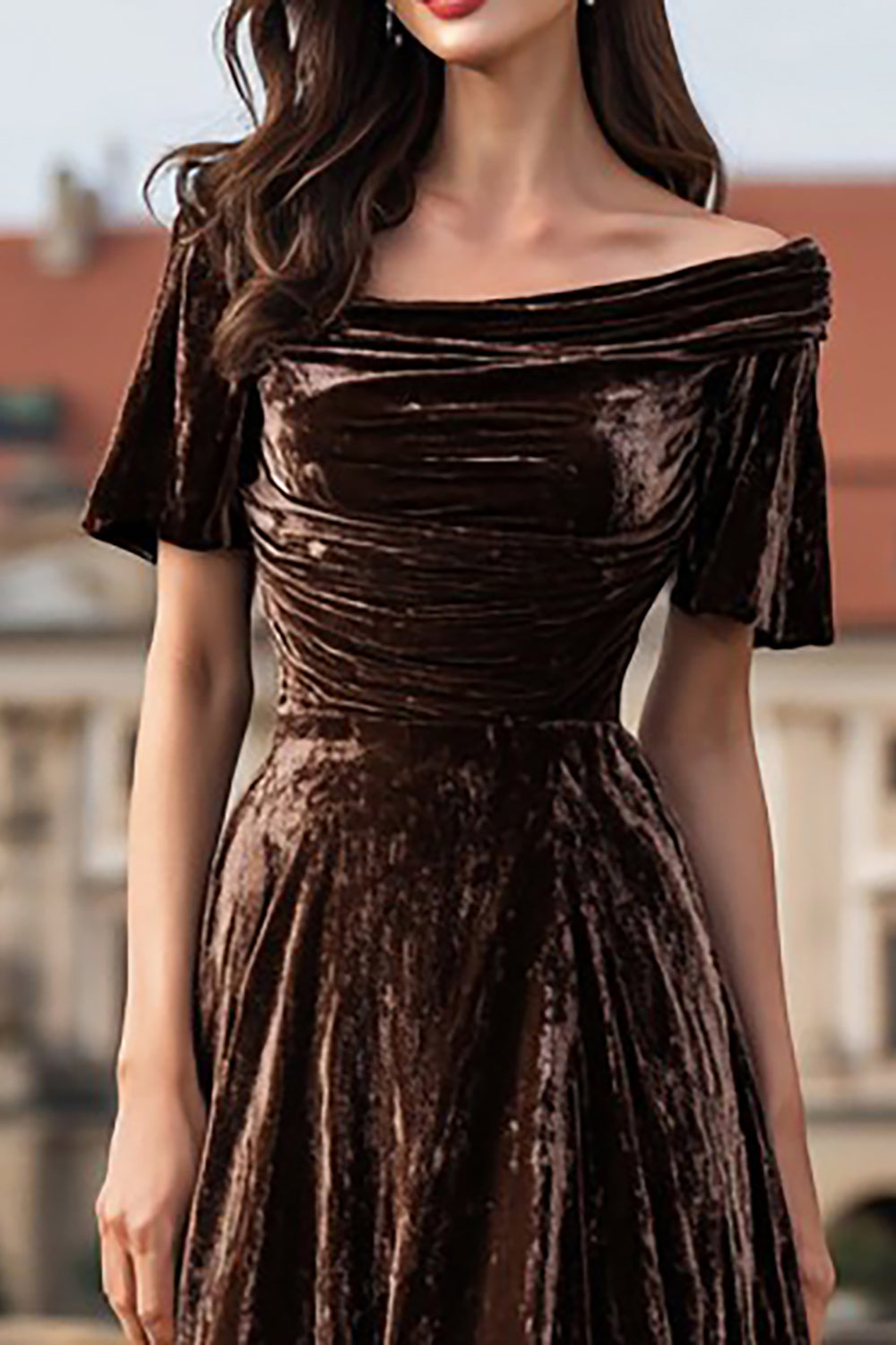 Brown A Line Long Velvet Holiday Party Dress with Sleeves