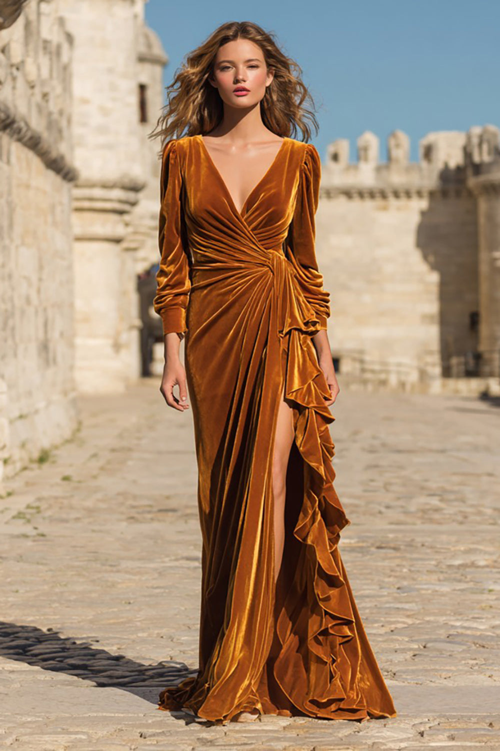 Caramel Velvet Sheath Ruffled Long Sleeves Holiday Party Dress with Slit