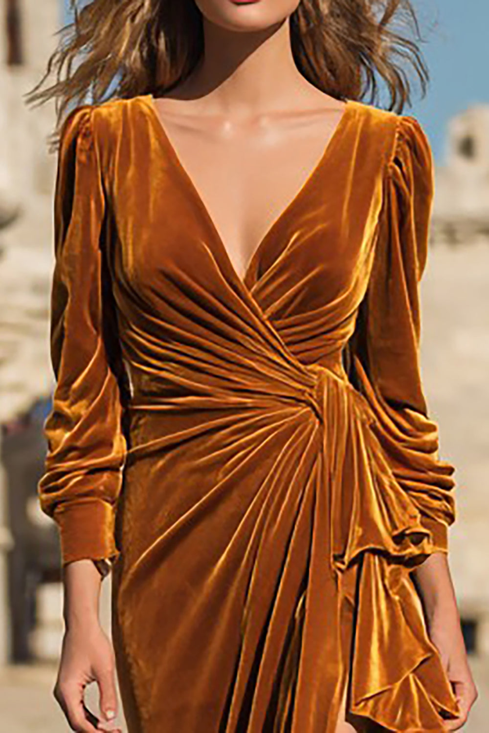 Caramel Velvet Sheath Ruffled Long Sleeves Holiday Party Dress with Slit