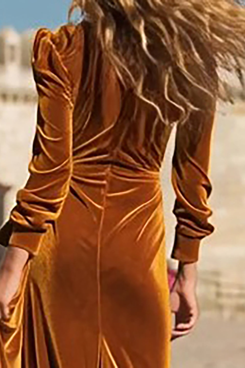 Caramel Velvet Sheath Ruffled Long Sleeves Holiday Party Dress with Slit