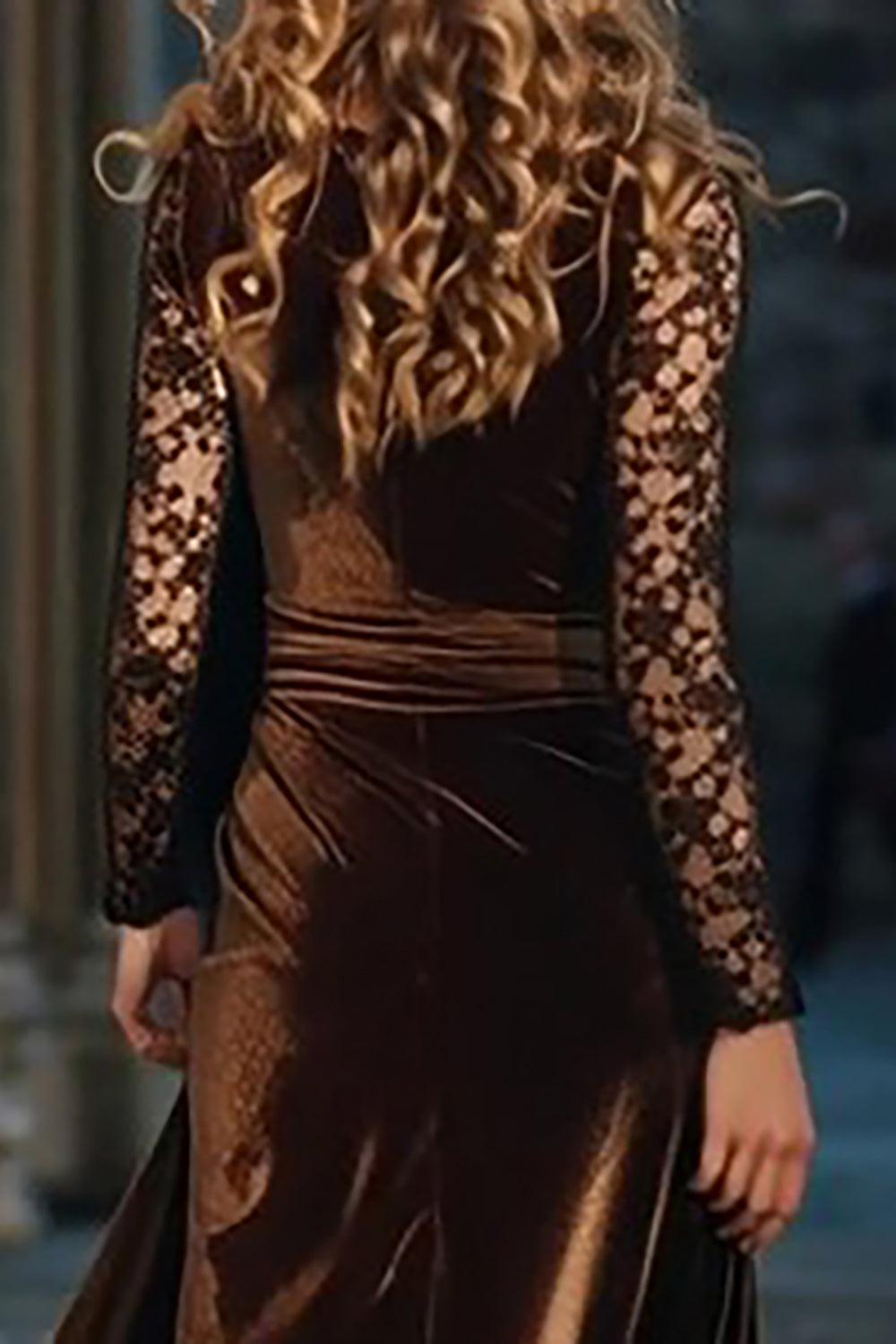 Brown Velvet A Line Long Sleeves Holiday Party Dress with Slit