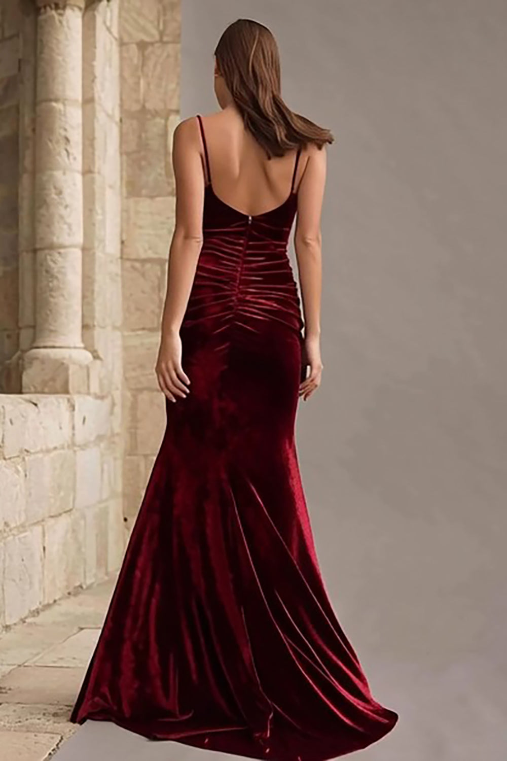 Burgundy Velvet Ruched Spaghetti Straps Long Mermaid Holiday Party Dress