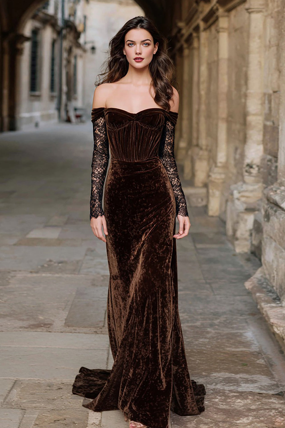 Elegant Brown Velvet Mermaid Long Corset Holiday Party Dress with Lace