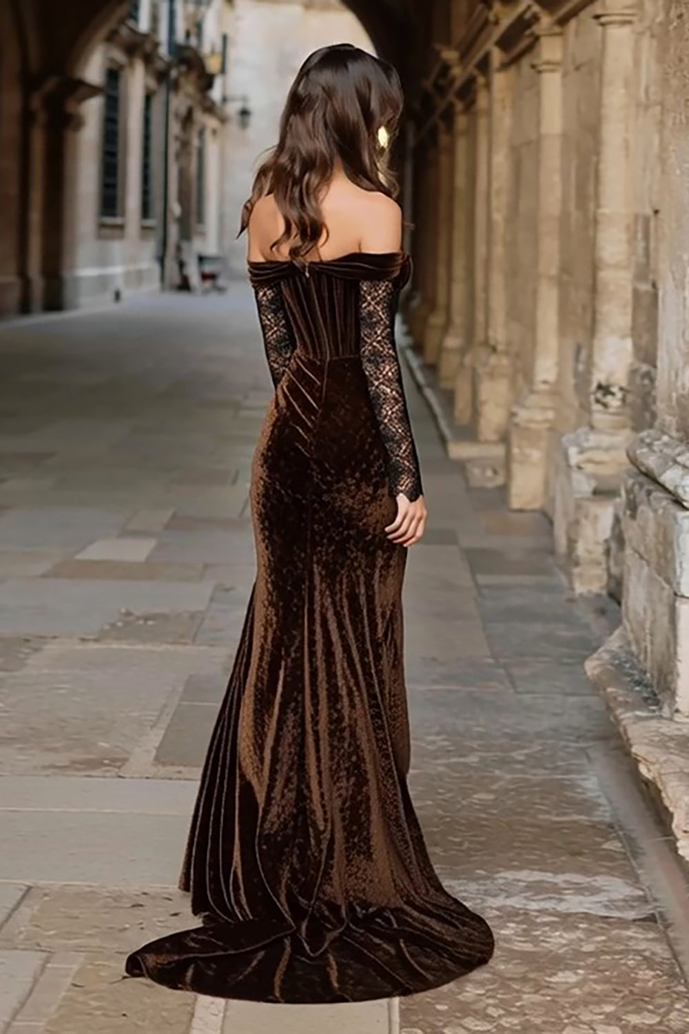 Elegant Brown Velvet Mermaid Long Corset Holiday Party Dress with Lace