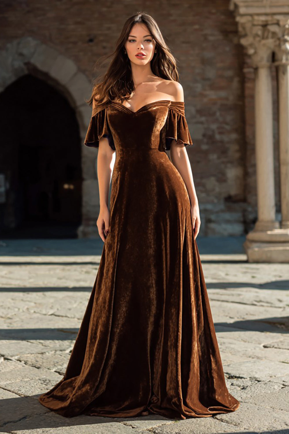 Brown Velvet A Line Off the Shoulder Long Holiday Party Dress with Ruffles
