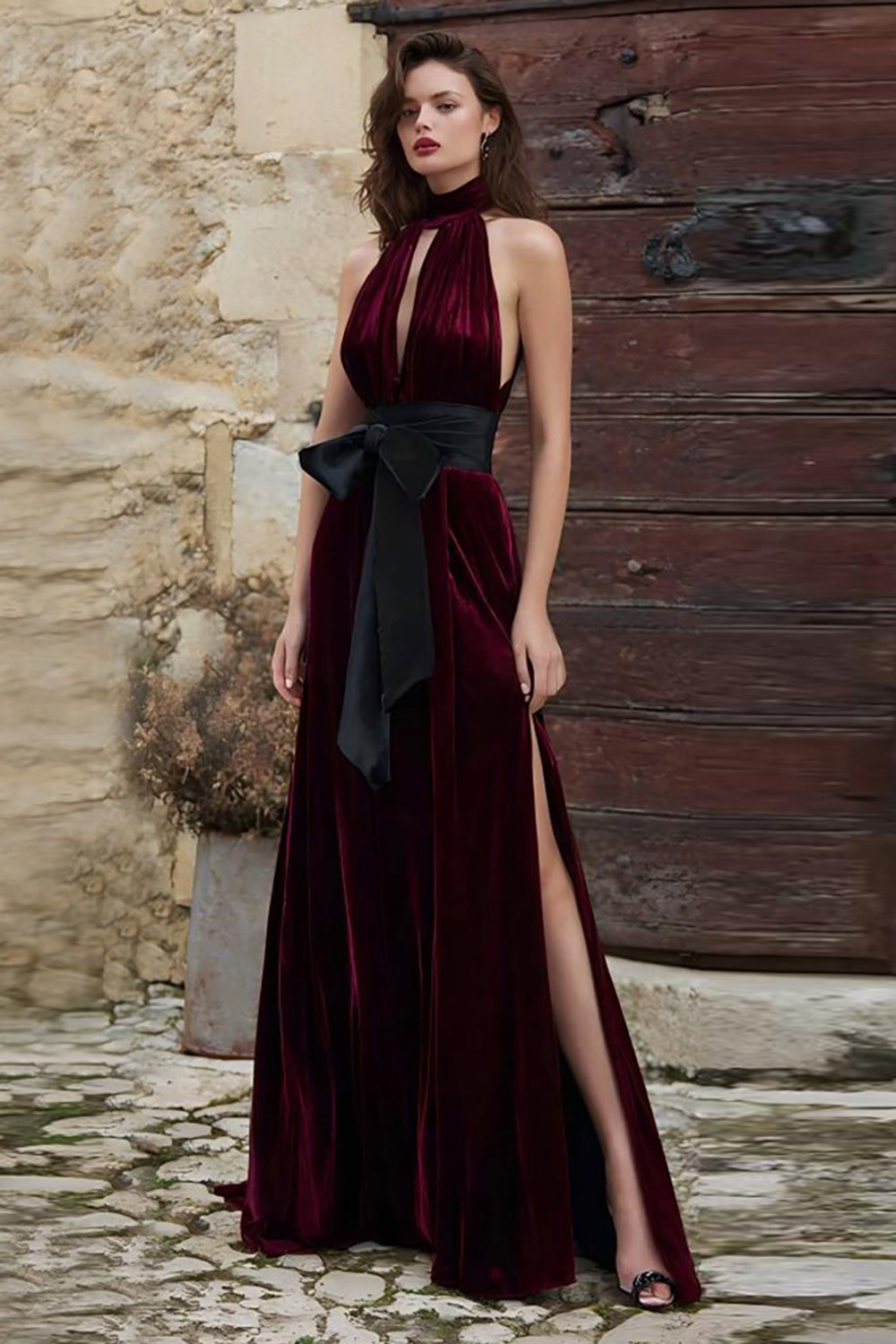 Burgundy Velvet High Neck Bowknot Long Holiday Party Dress with Slit