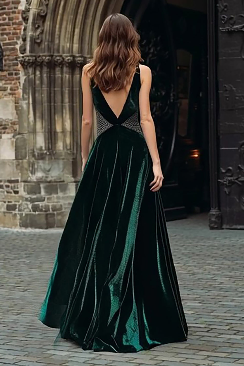 Sparkly Dark Green A-Line Long Velvet Holiday Party Dress with Beading