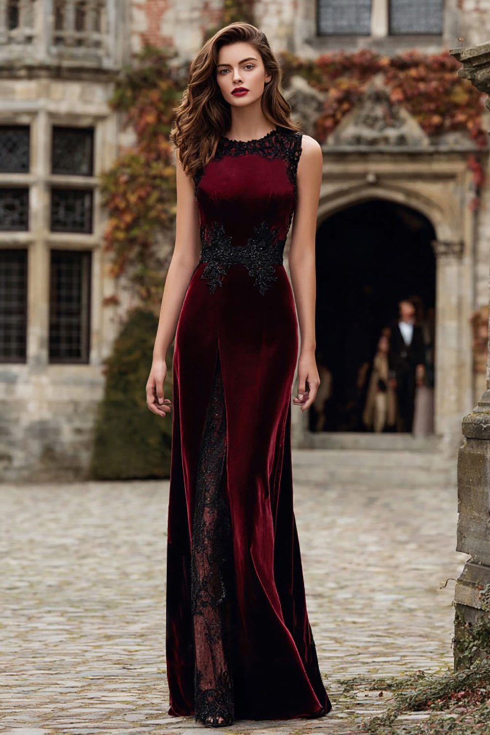 Burgundy Velvet Mermaid Round Neck Long Holiday Party Dress with Lace