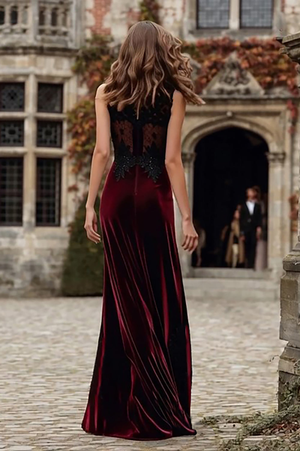 Burgundy Velvet Mermaid Round Neck Long Holiday Party Dress with Lace