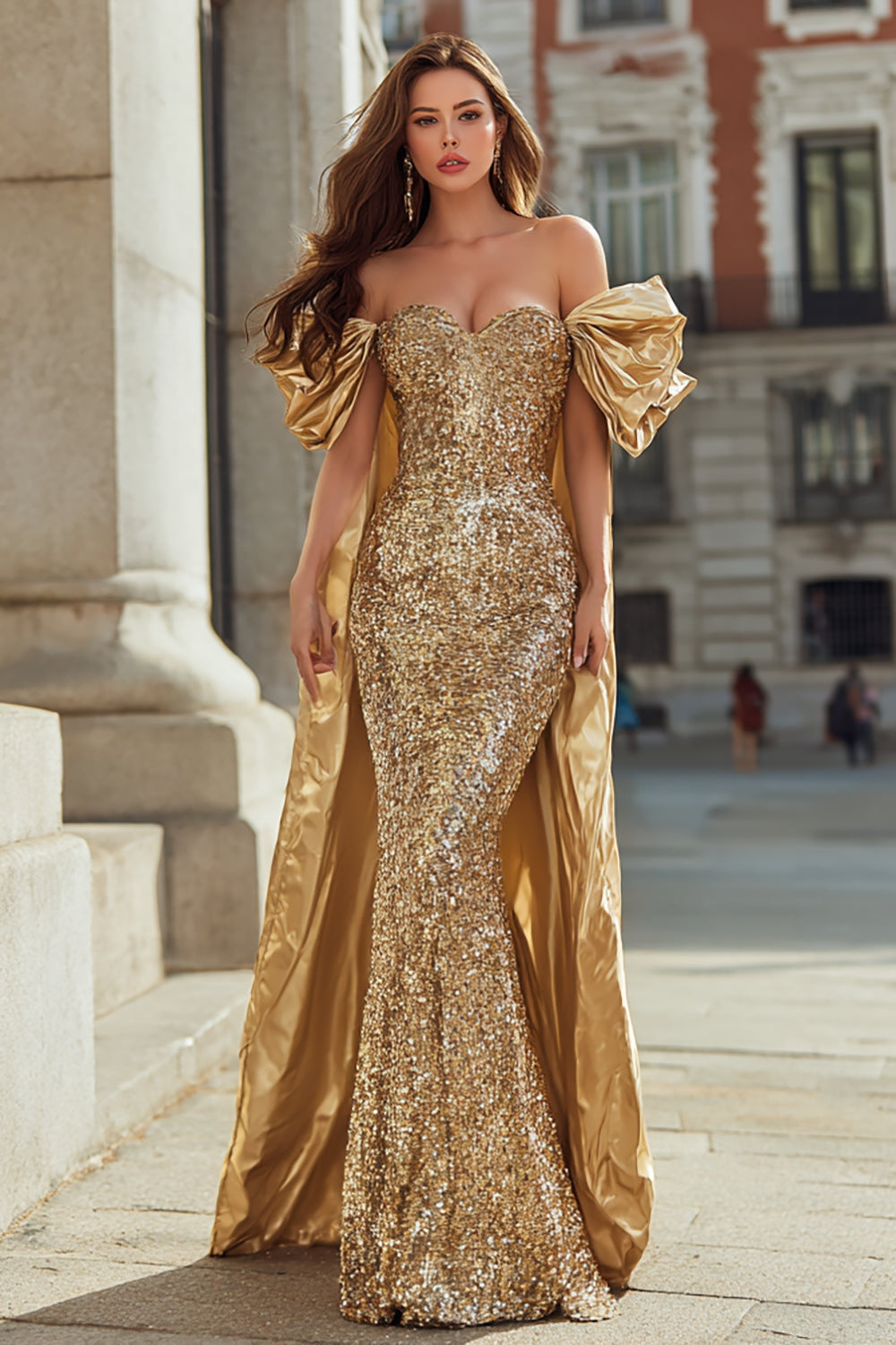 Sparkly Gold Off the Shoulder Sequin Mermaid Maxi Prom Dress with Cape