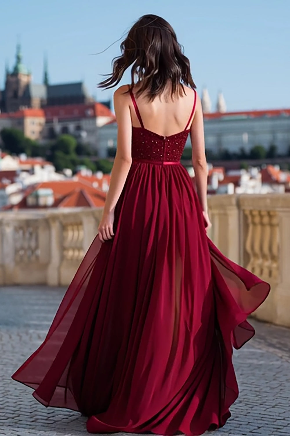 Sparkly Burgundy Spaghetti Straps Sequin Long Prom Dress