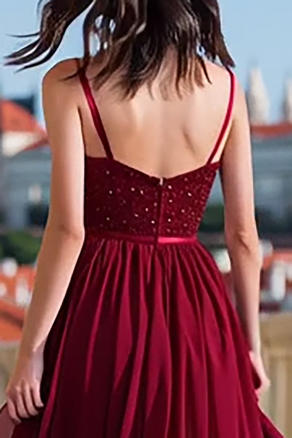Sparkly Burgundy Spaghetti Straps Sequin Long Prom Dress