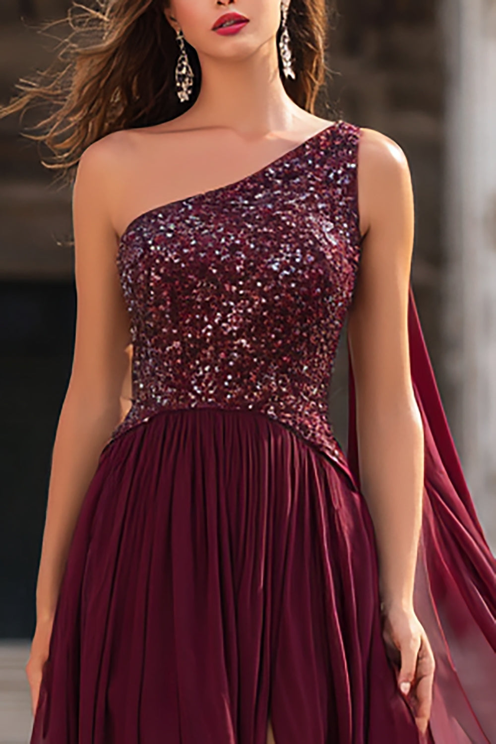 Sparkly Burgundy One Shoulder Maxi Sequin Prom Dress