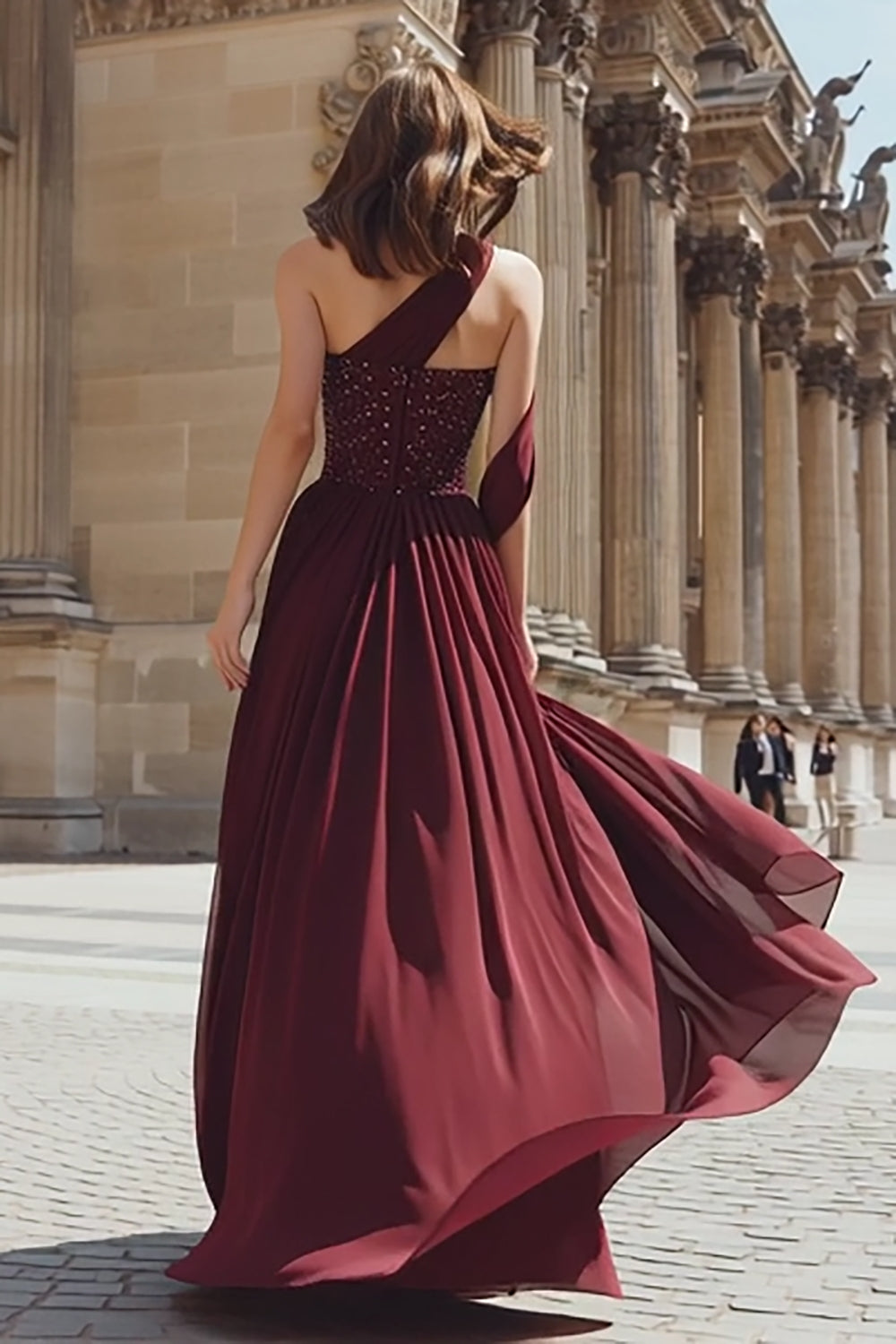 Sparkly Burgundy A Line One Shoulder Maxi Prom Dress