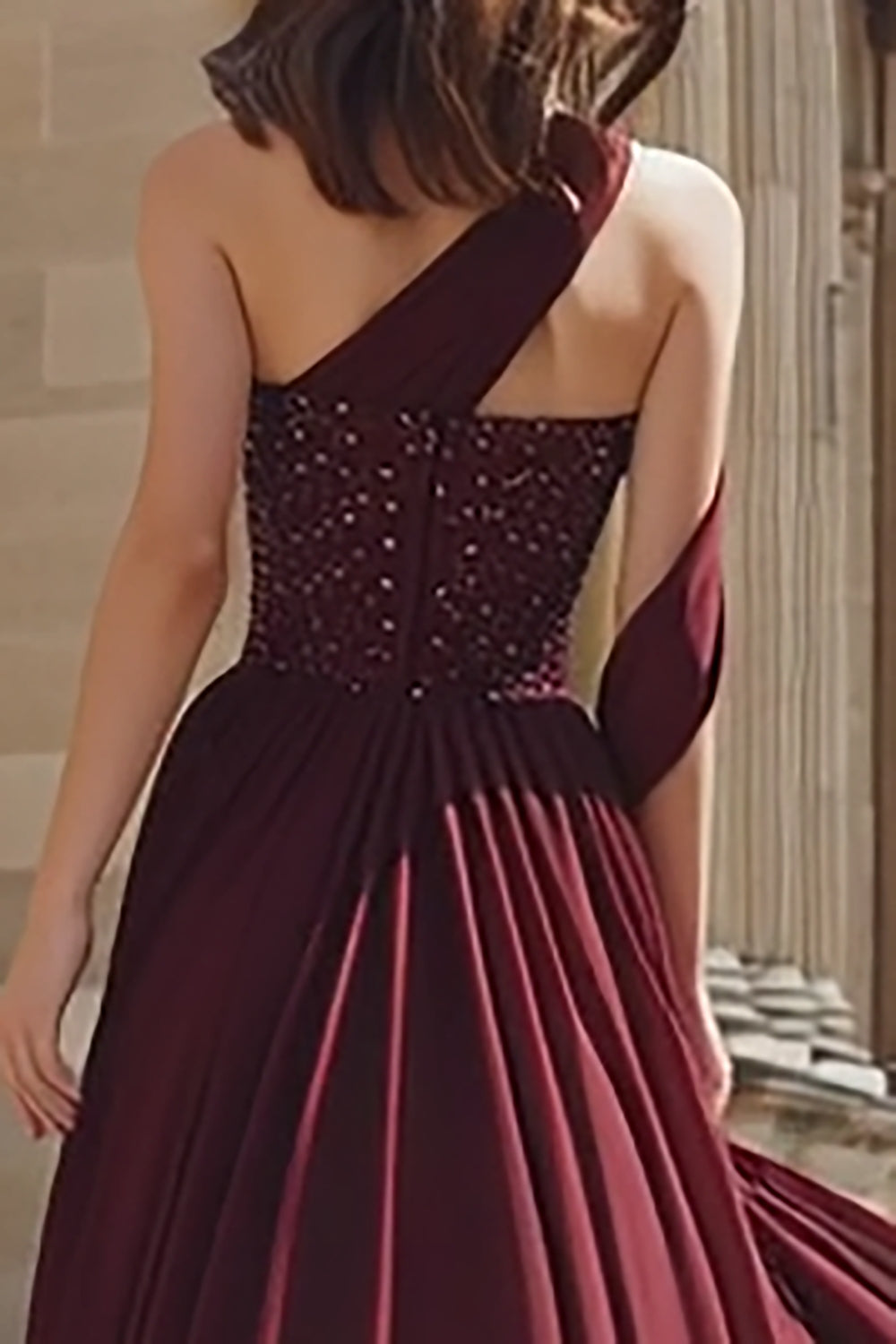Sparkly Burgundy A Line One Shoulder Maxi Prom Dress