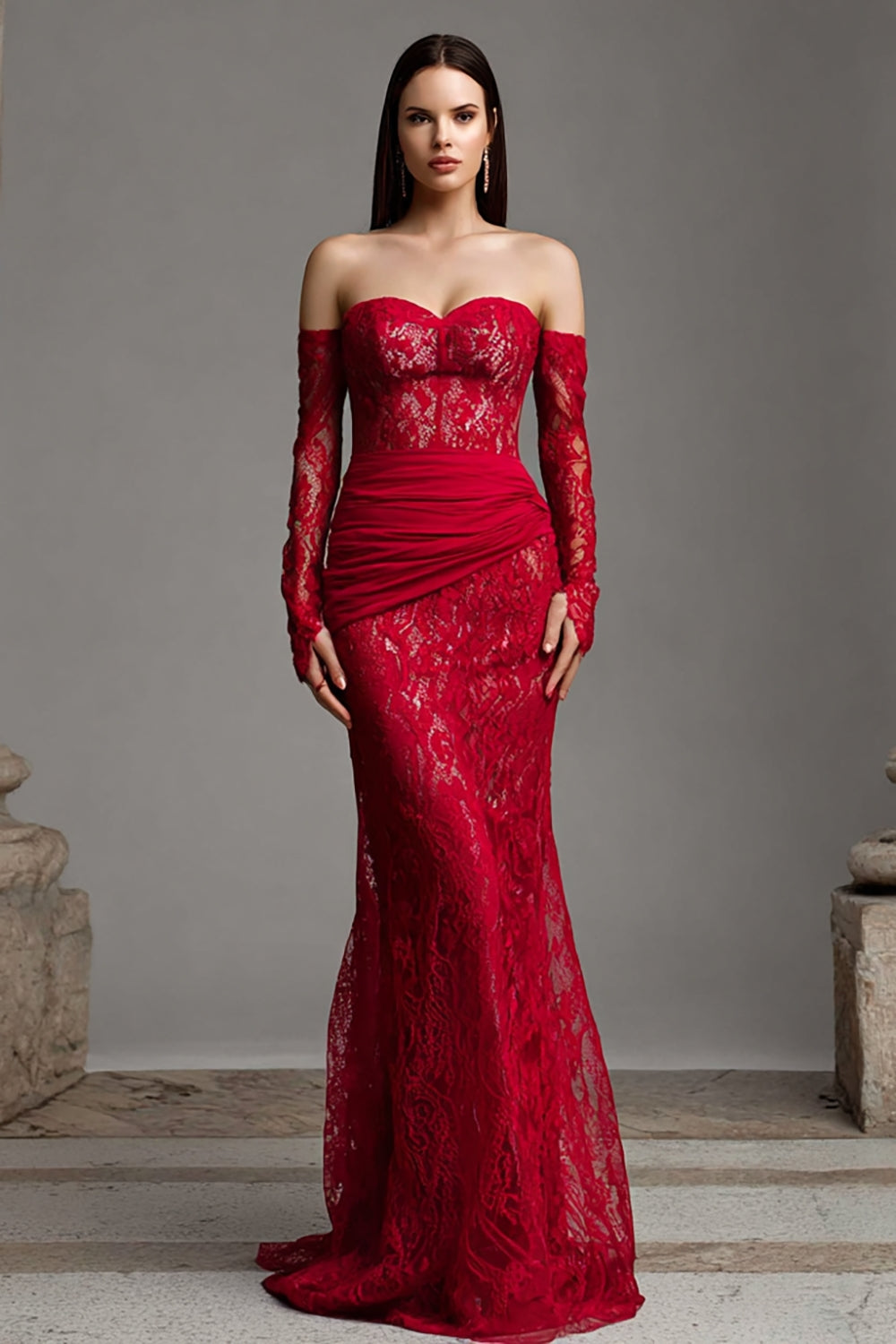 Red Lace Strapless Mermaid Maxi Corset Prom Dress with Sleeves