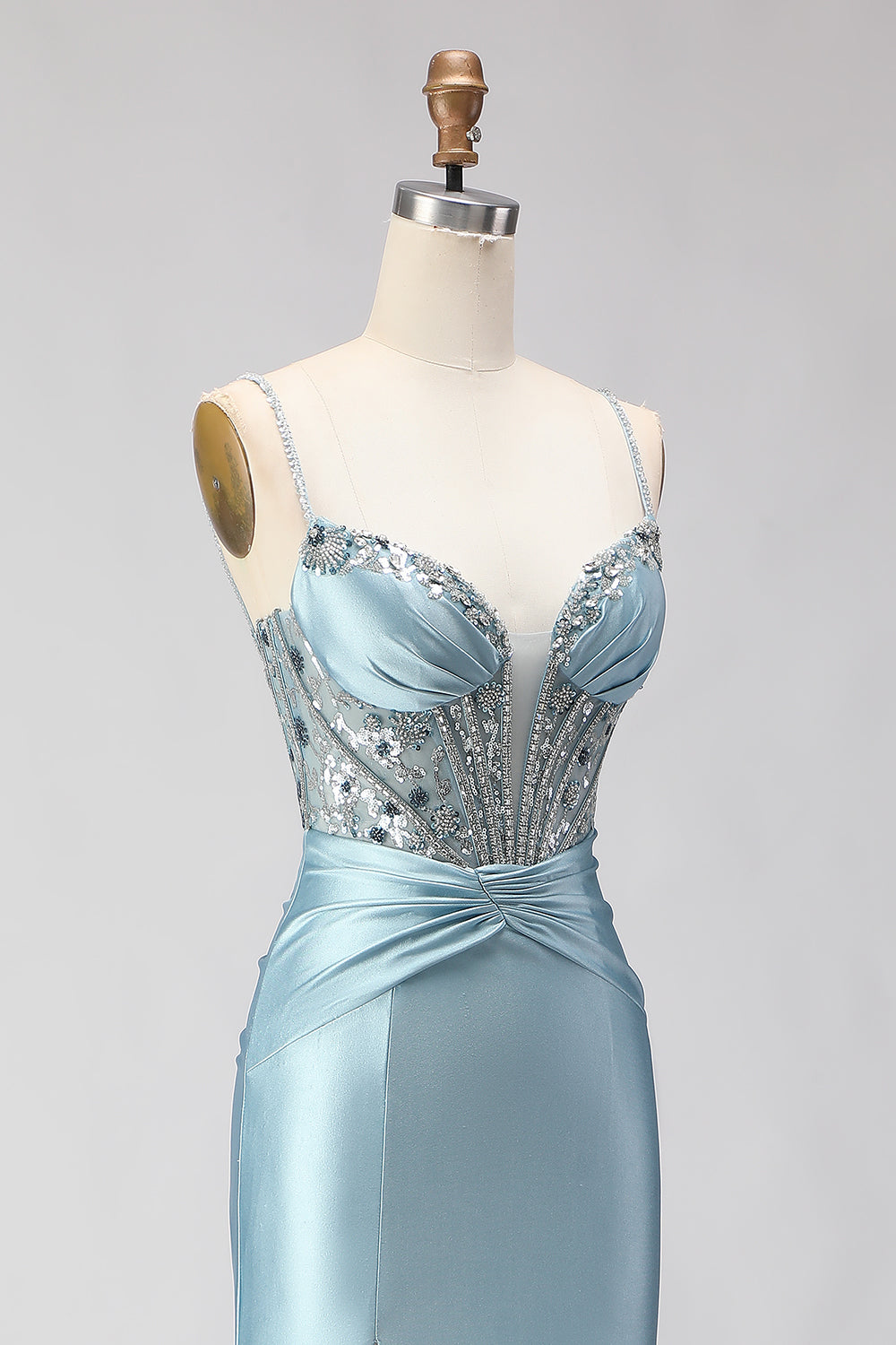 Sparkly Dusty Blue Beaded Satin Long Corset Prom Dress with Slit