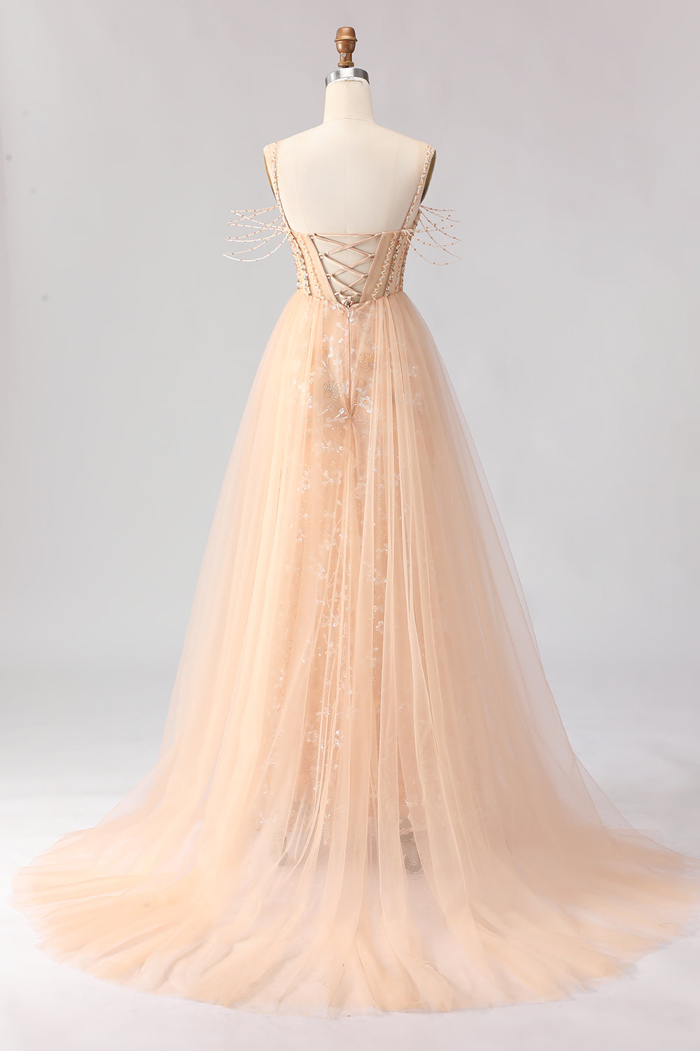 Sparkly Champagne Floral Beaded Tulle Long Corset Prom Dress