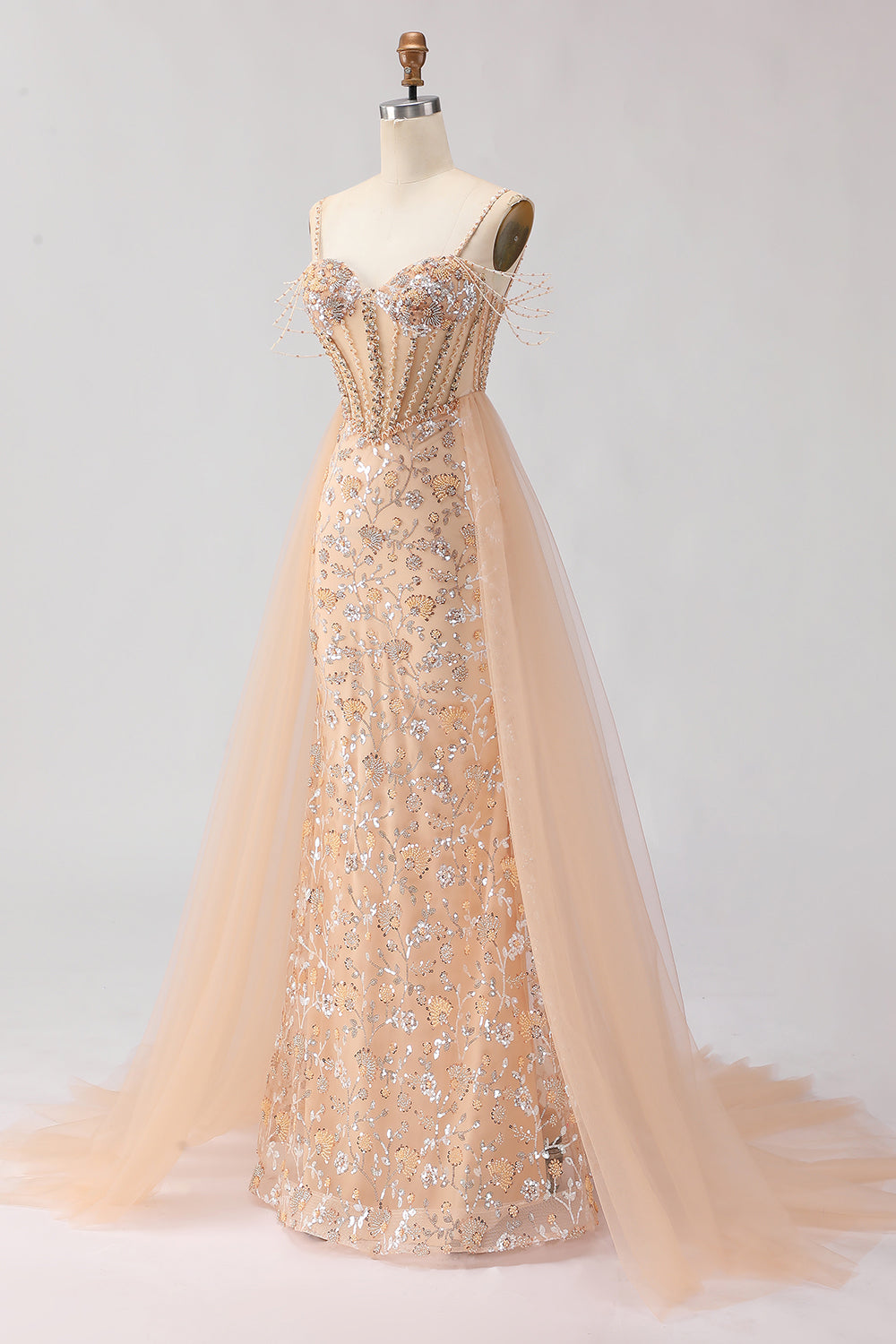 Sparkly Champagne Floral Beaded Tulle Long Corset Prom Dress