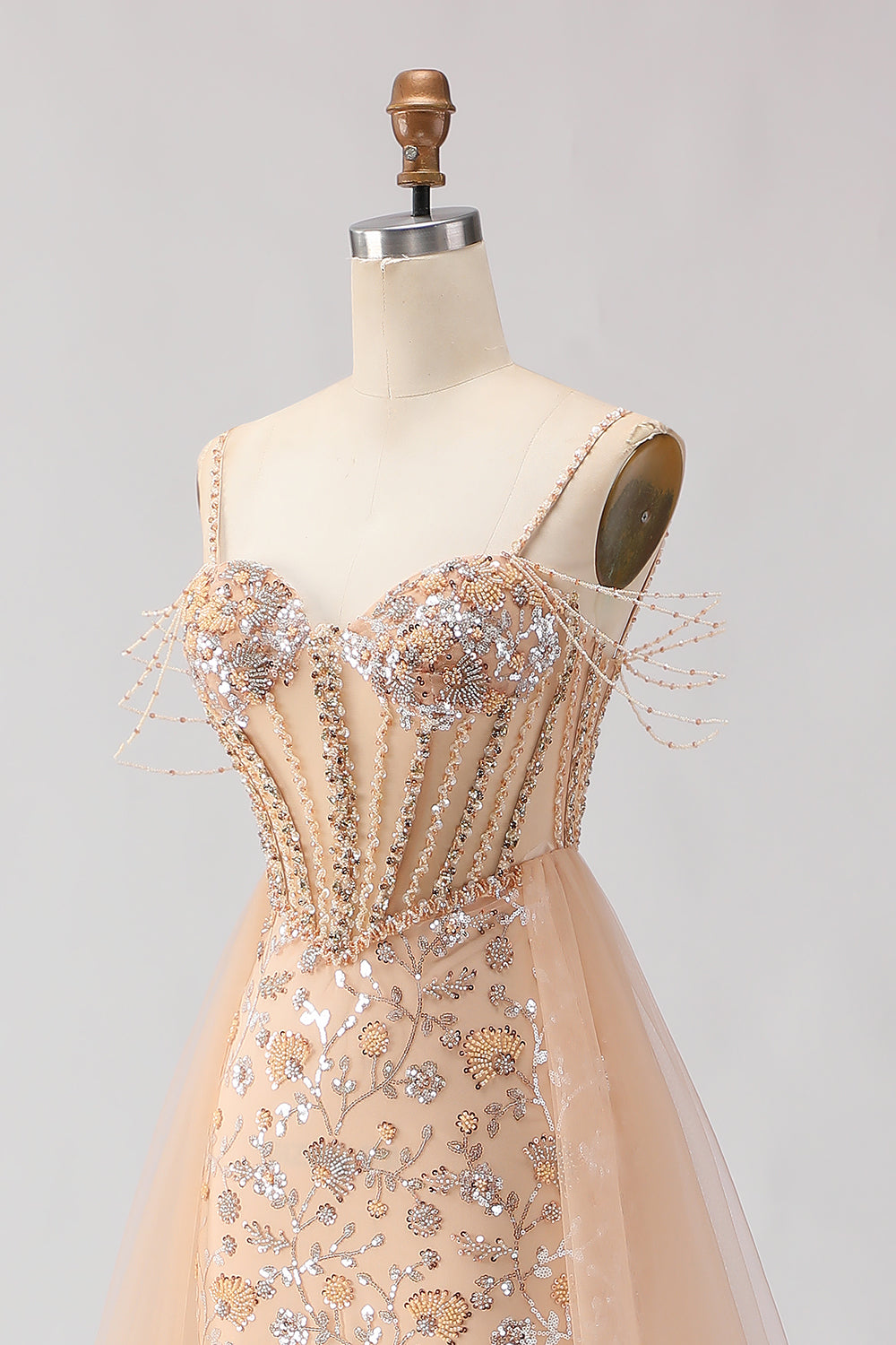 Sparkly Champagne Floral Beaded Tulle Long Corset Prom Dress