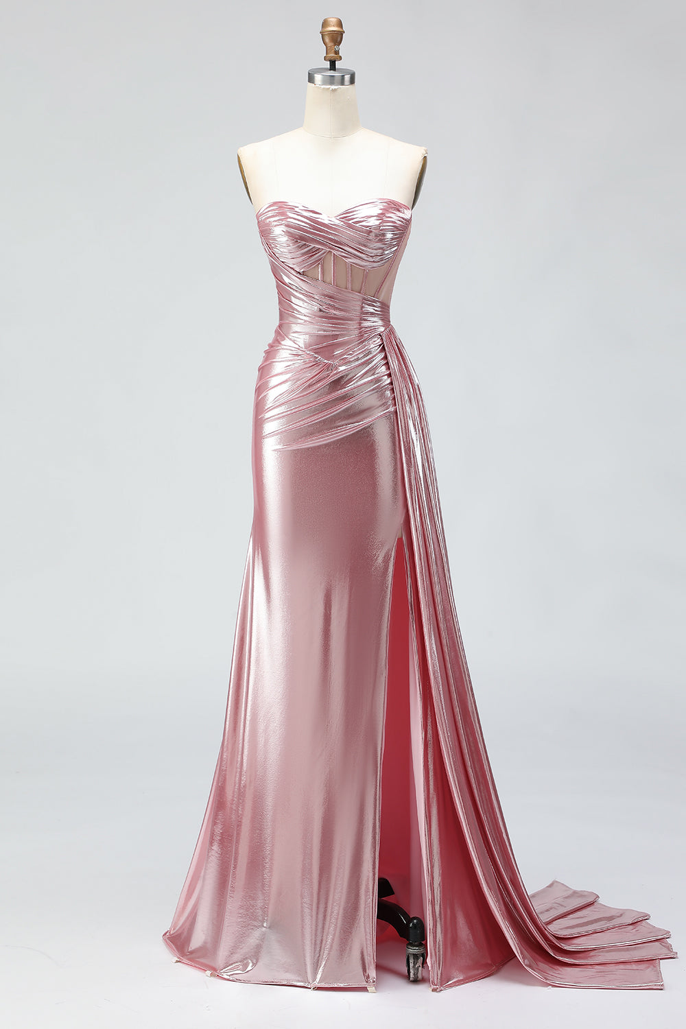 Sparkly Pink Strapless Mermaid Long Corset Prom Dress with Slit