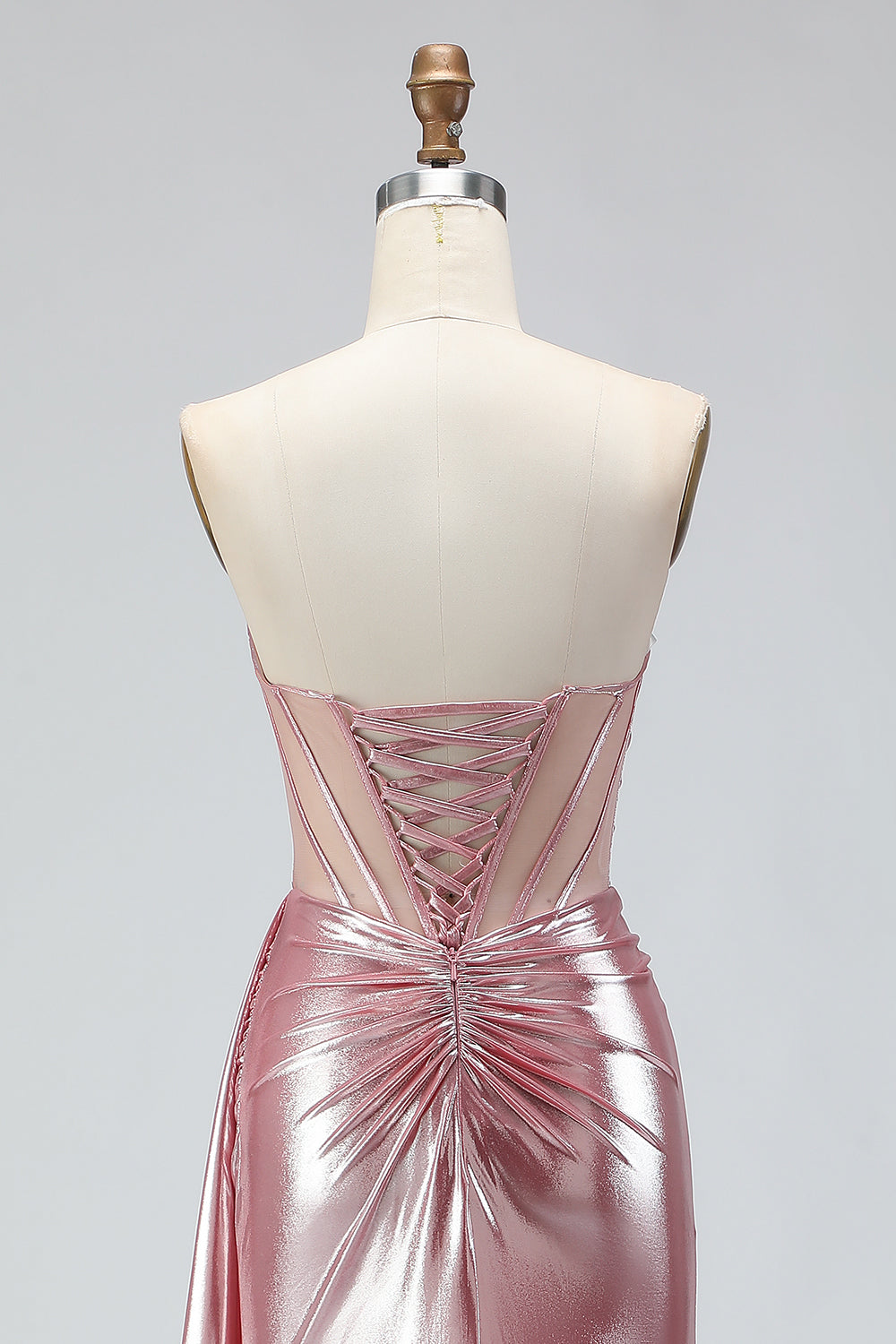 Sparkly Pink Strapless Mermaid Long Corset Prom Dress with Slit