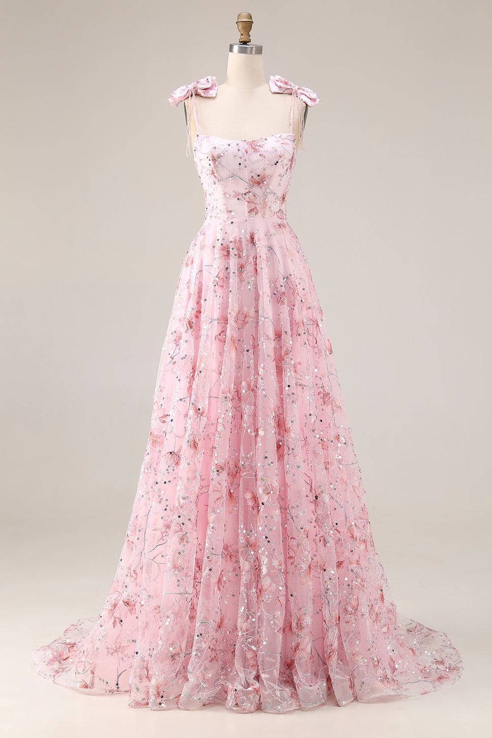 Sparkly Pink Sequin Spaghetti Straps Long Floral Prom Dress with Bows