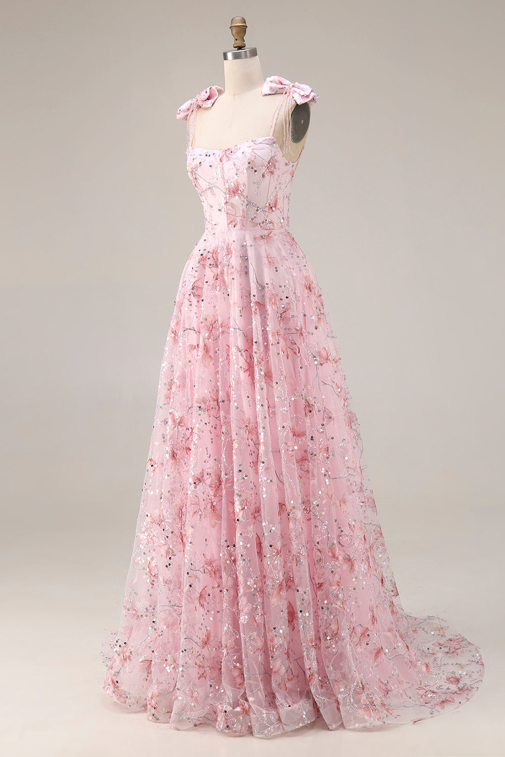 Sparkly Pink Sequin Spaghetti Straps Long Floral Prom Dress with Bows