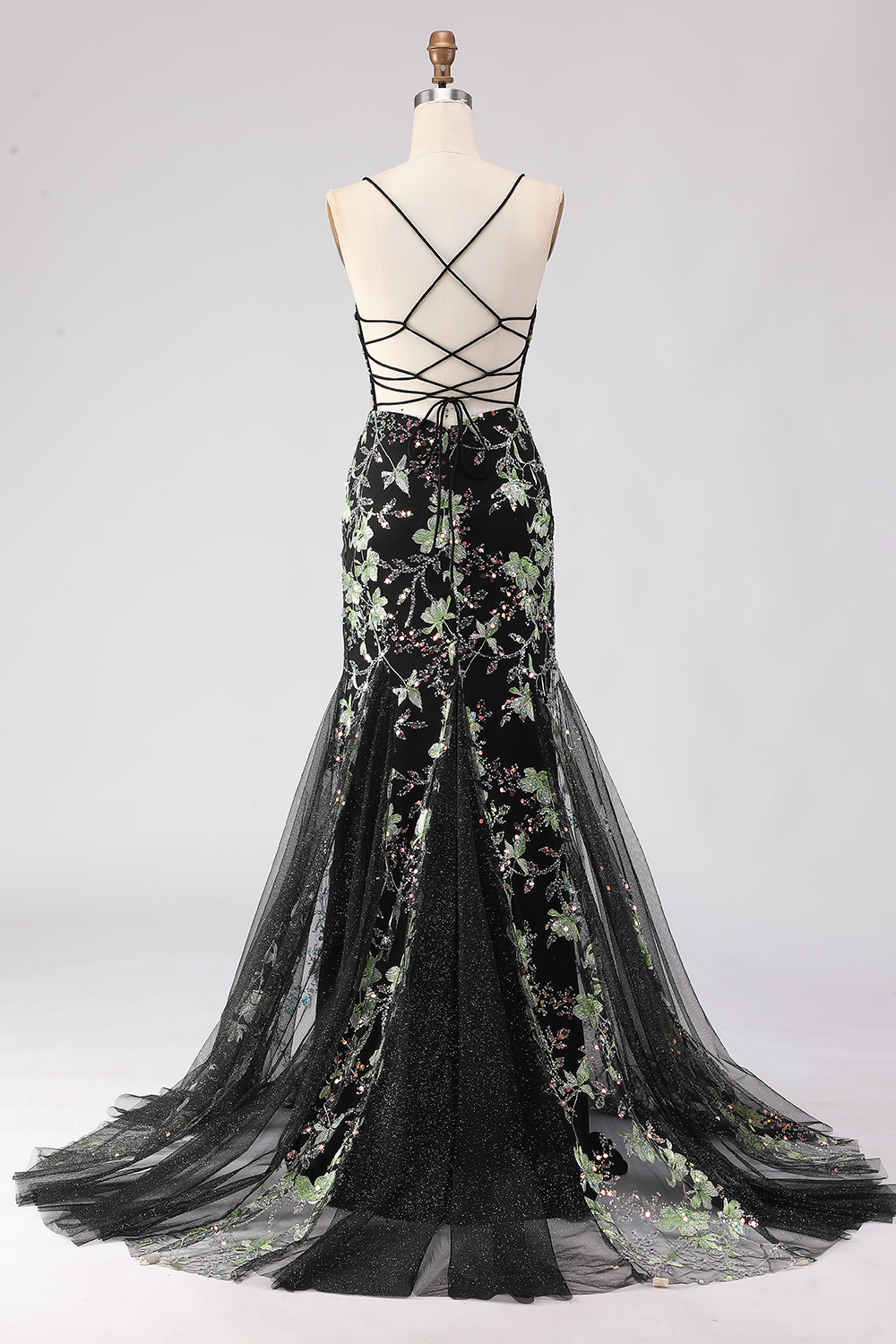 Sparkly Pink Floral Spaghetti Straps Mermaid Beaded Long Corset Prom Dress