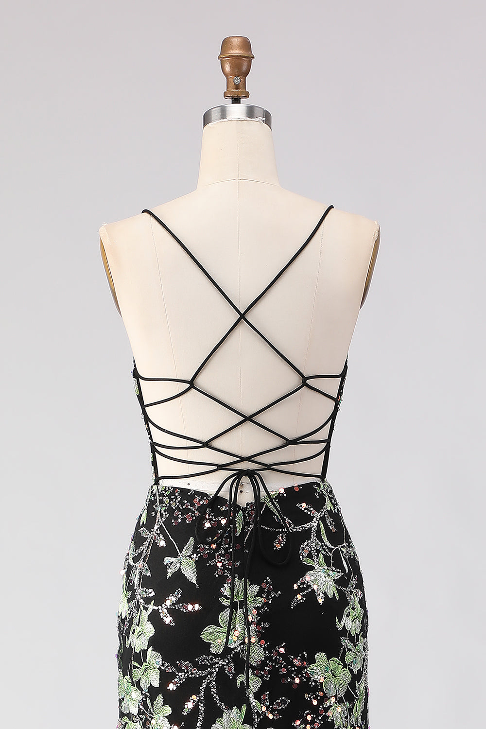 Floral Black Corset Mermaid Spaghetti Straps Long Sparkly Prom Dress