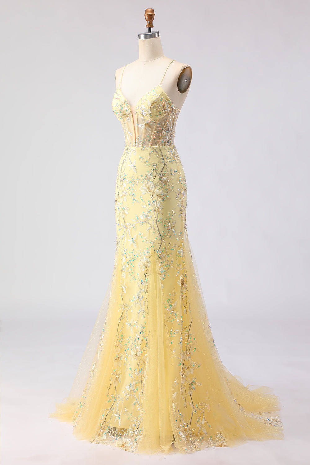 Sparkly Floral Yellow Spaghetti Straps Mermaid Corset Long Prom Dress with Beading