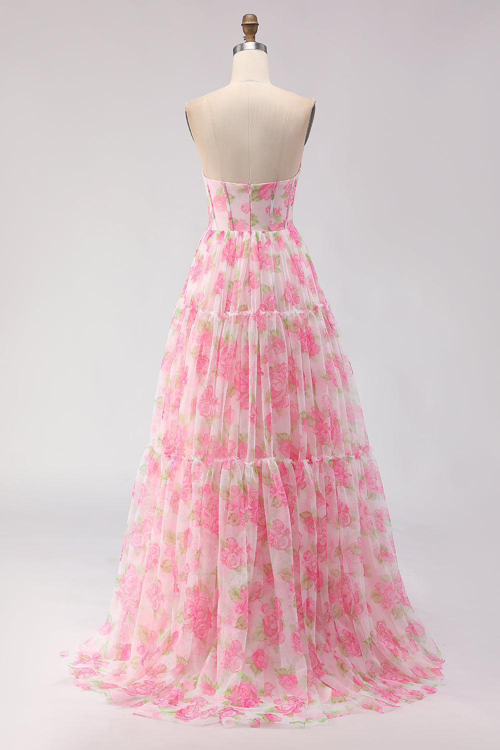 Floral Pink A-Line Corset Strapless Long Chiffon Prom Dress with Ruffles