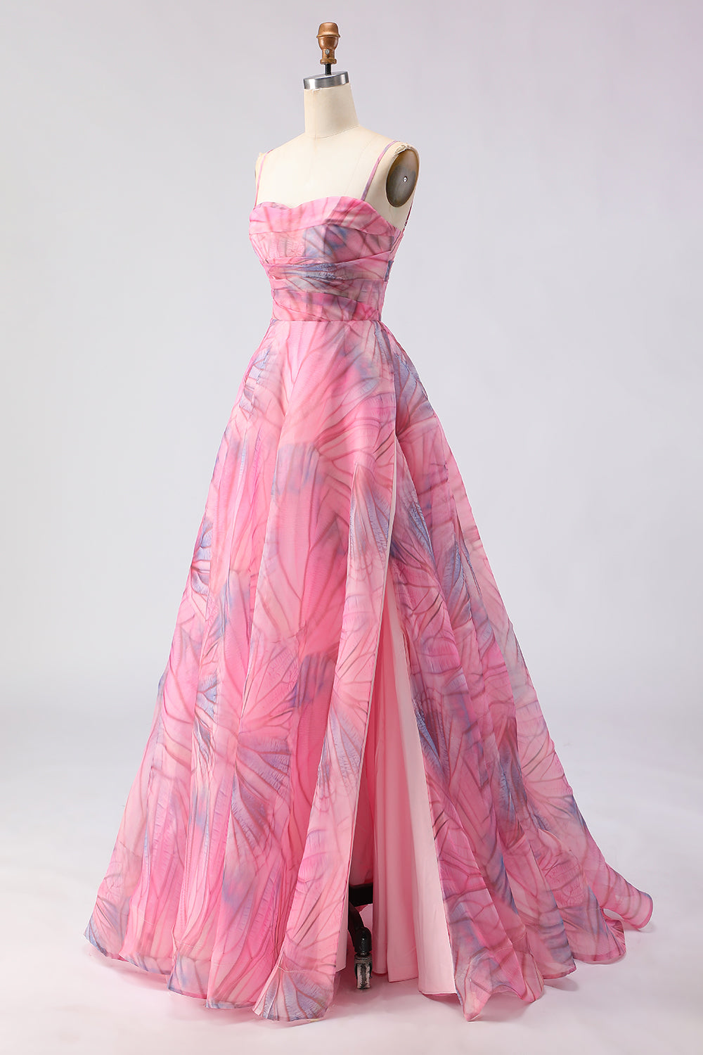 Pink Floral Spaghetti Straps Tulle A Line Long Prom Dress with Slit