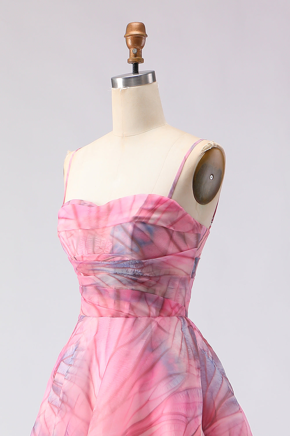 Pink Floral Spaghetti Straps Tulle A Line Long Prom Dress with Slit