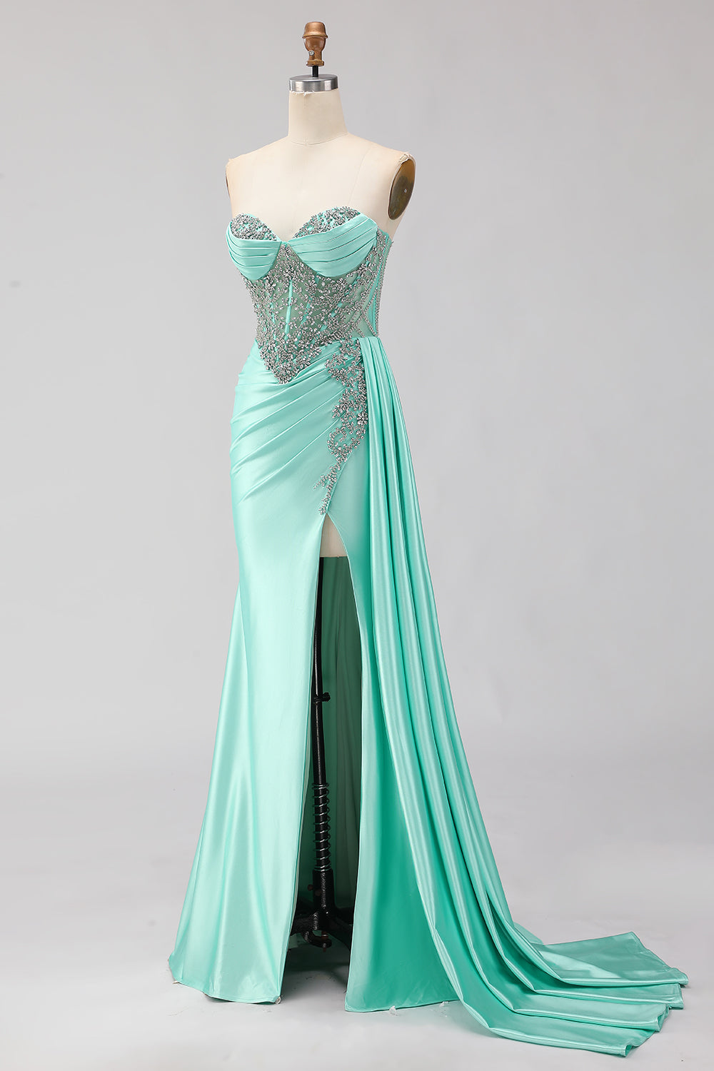Sparkly Mint Green Mermaid Beaded Long Corset Prom Dress with Slit