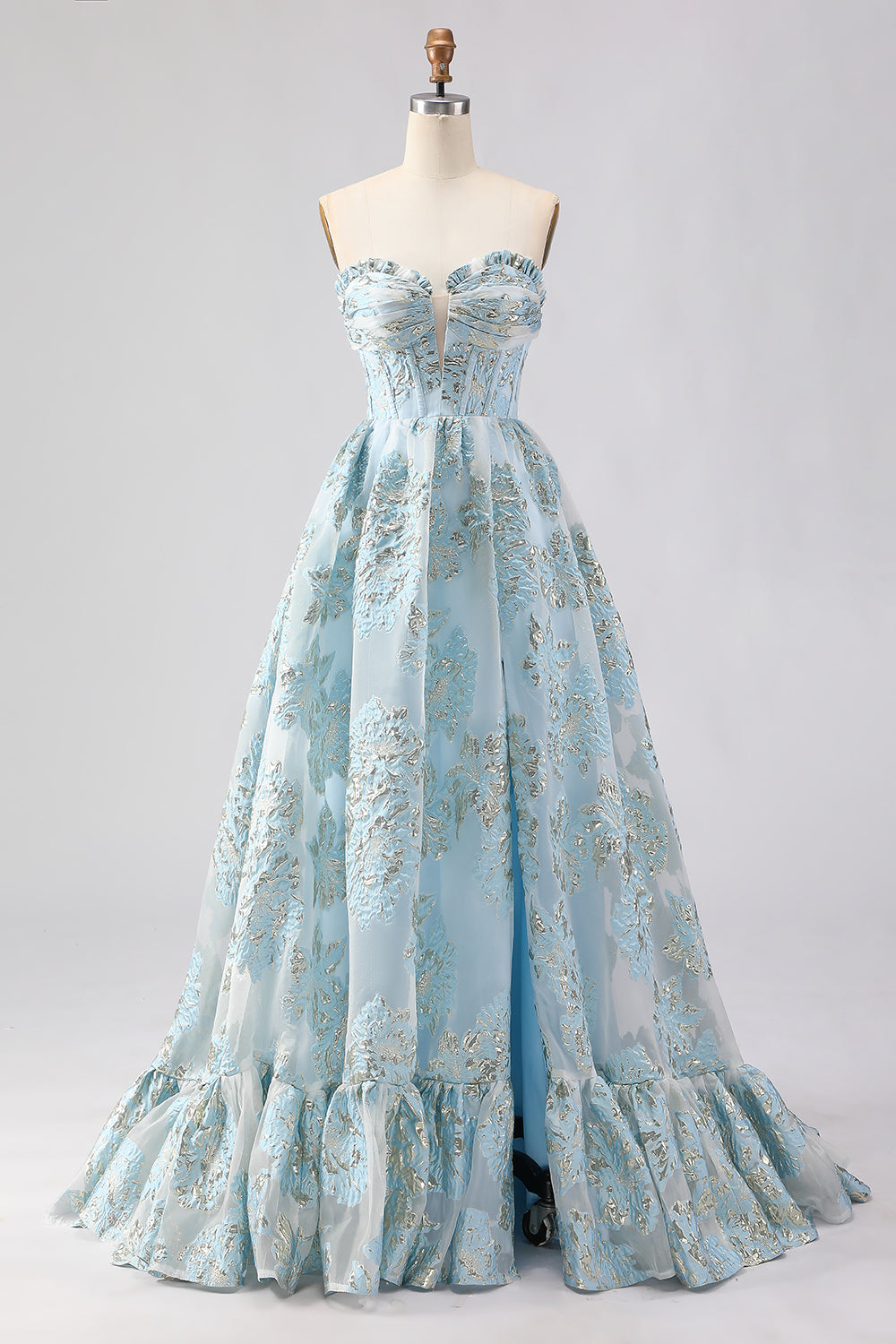 Light Blue Sweetheart Floral Ruffled Long Corset Prom Dress with Slit