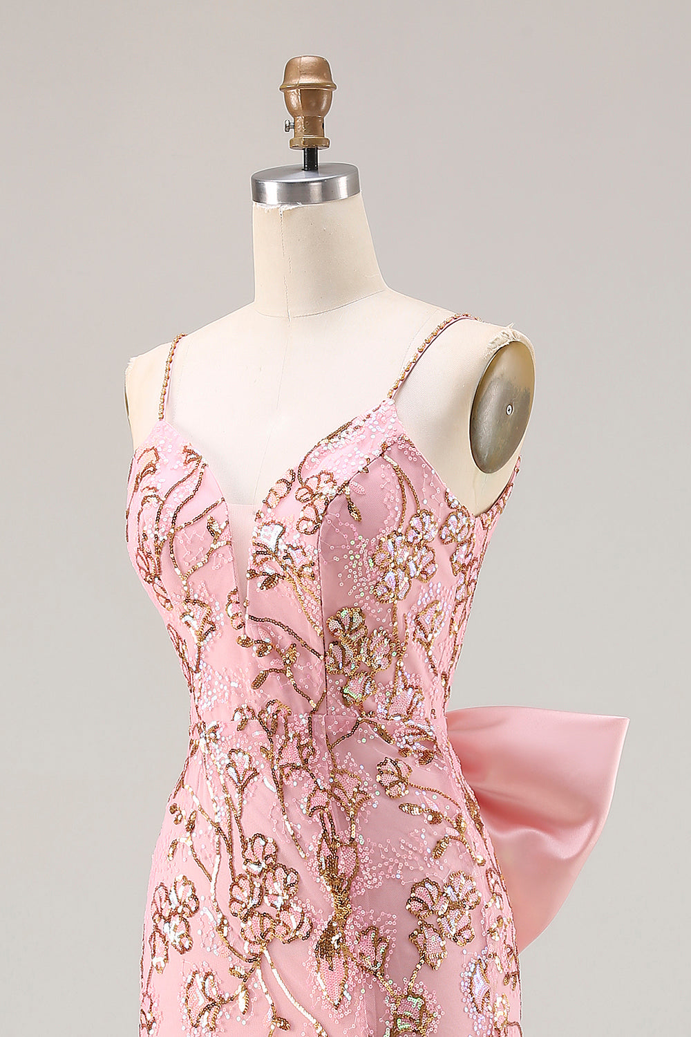 Sparkly Pink Mermaid Sequin Backless Long Floral Prom Dress with Slit