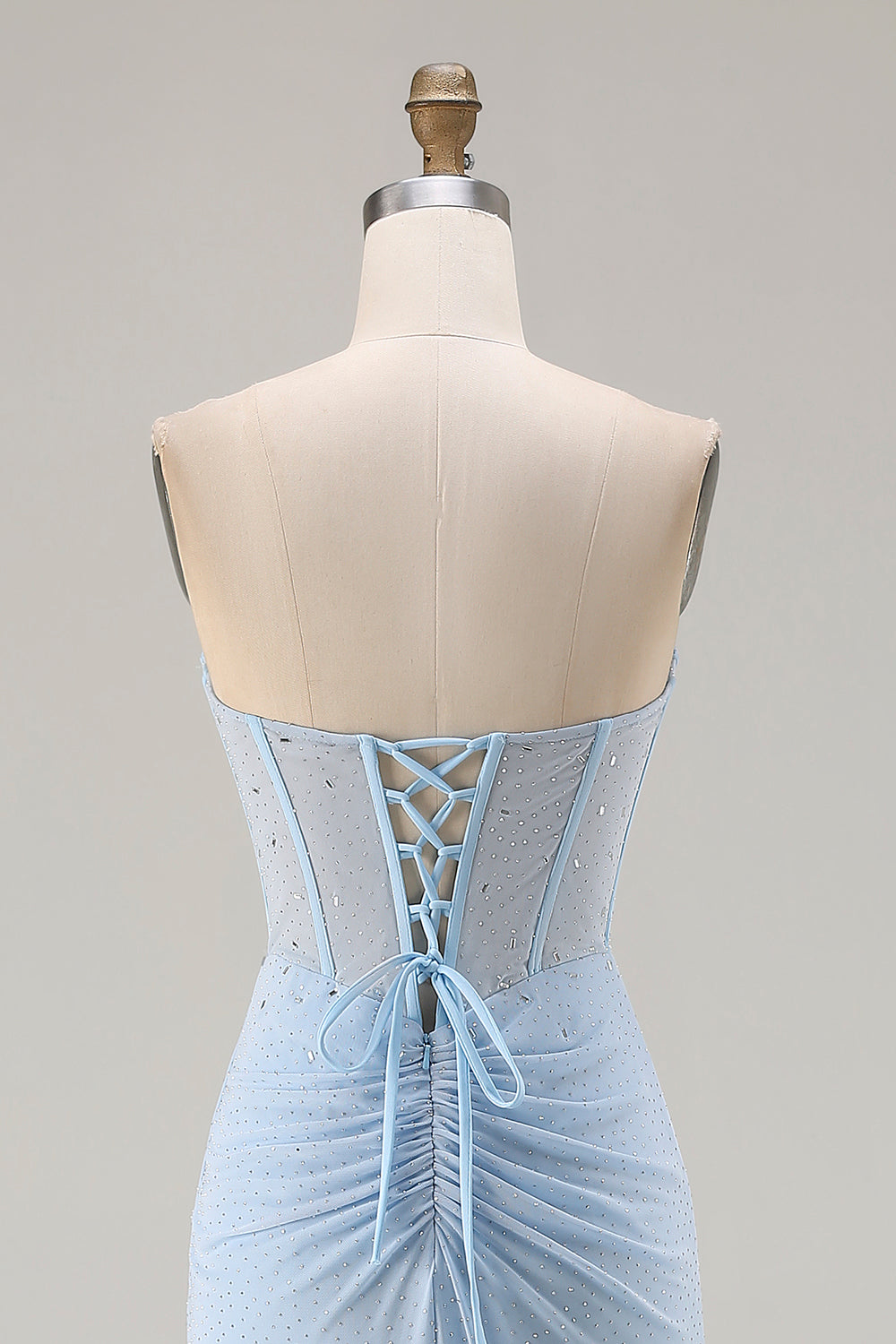 Sparkly Sky Blue Beaded Mermaid Long Corset Prom Dress with Slit