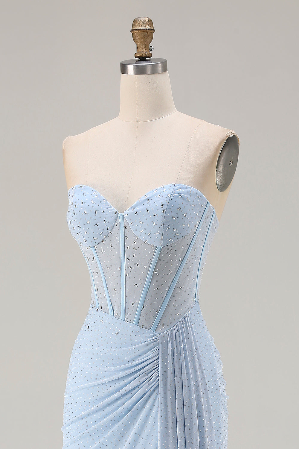Sparkly Sky Blue Beaded Mermaid Long Corset Prom Dress with Slit
