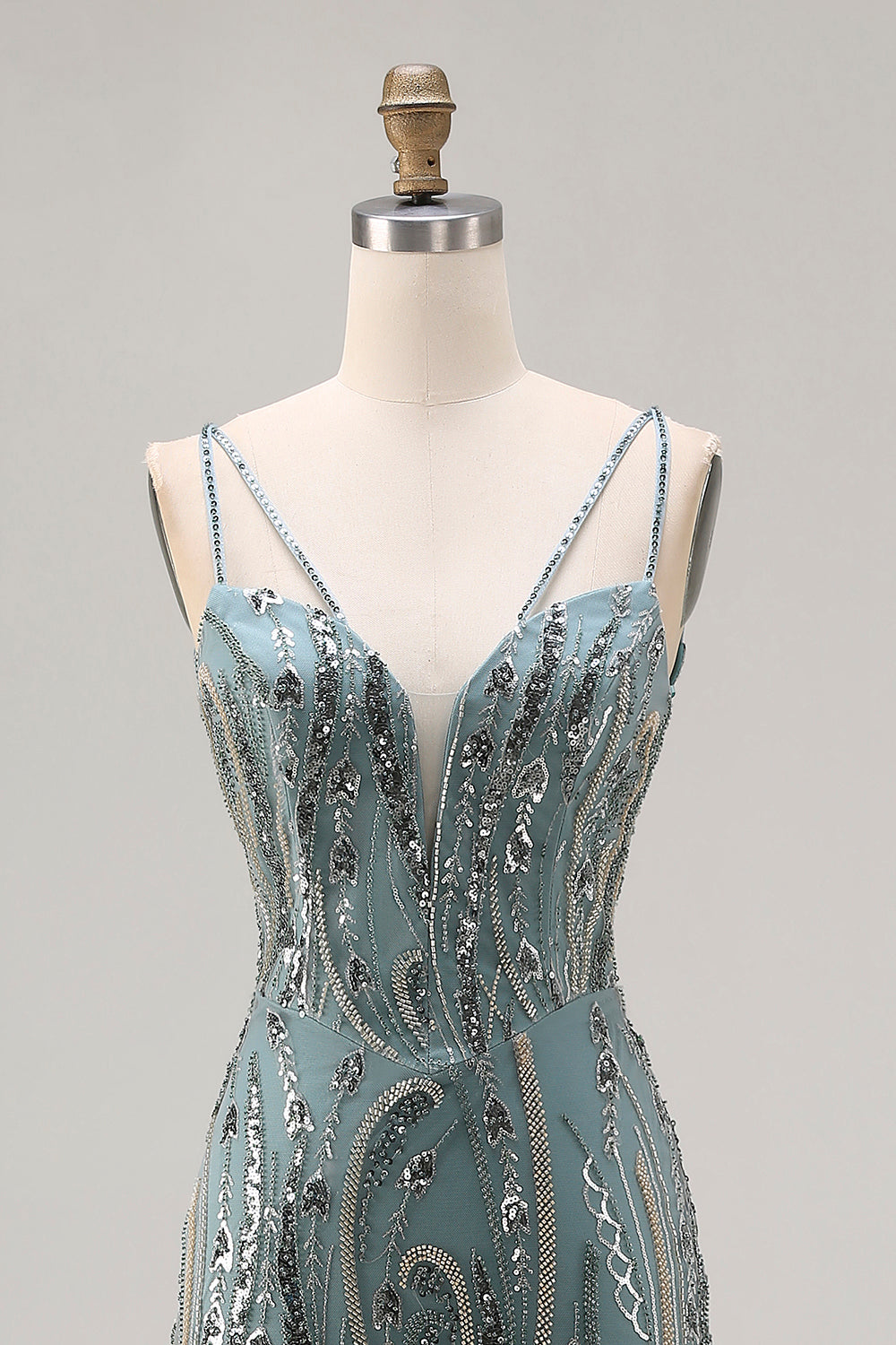 Sparkly Grey Blue Tulle Spaghetti Straps Mermaid Long Prom Dress