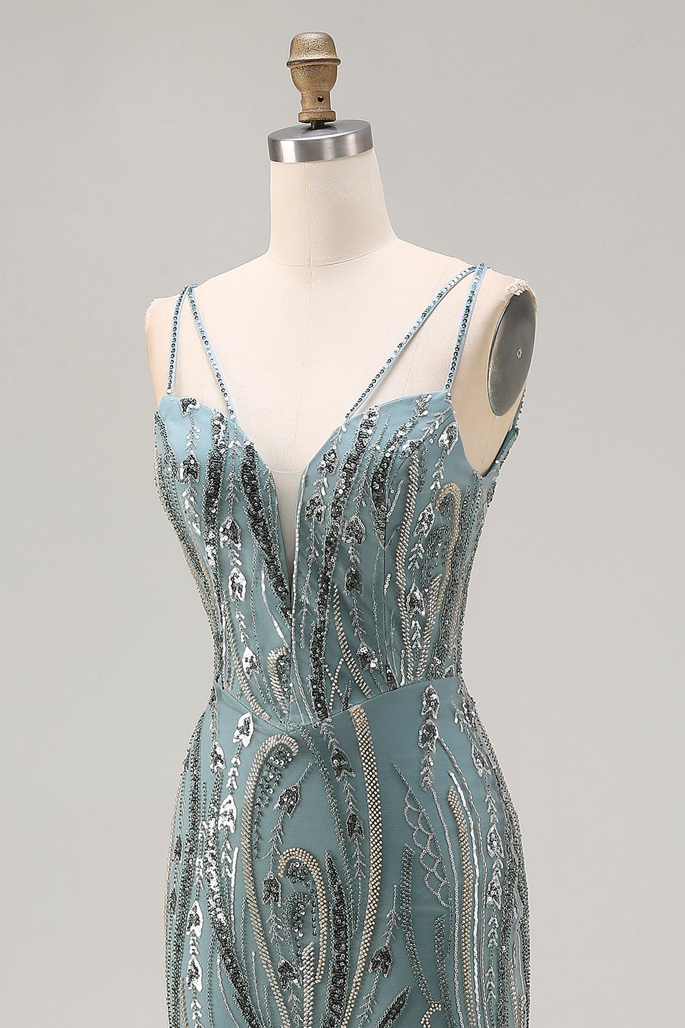 Sparkly Grey Blue Tulle Spaghetti Straps Mermaid Long Prom Dress