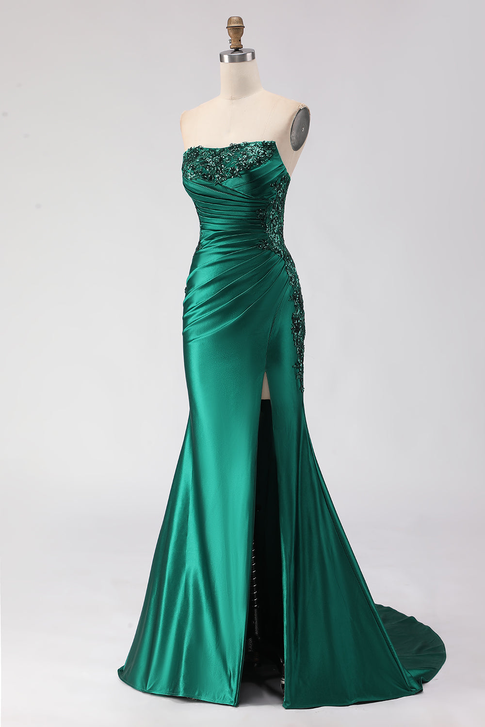 Sparkly Dark Green Mermaid Ruched Strapless Long Satin Prom Dress with Slit