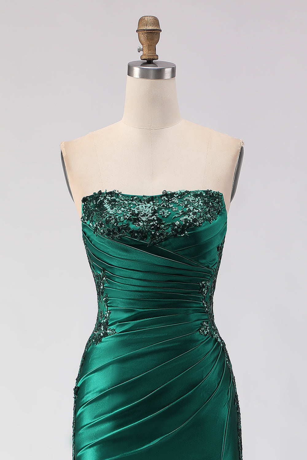 Sparkly Dark Green Mermaid Ruched Strapless Long Satin Prom Dress with Slit