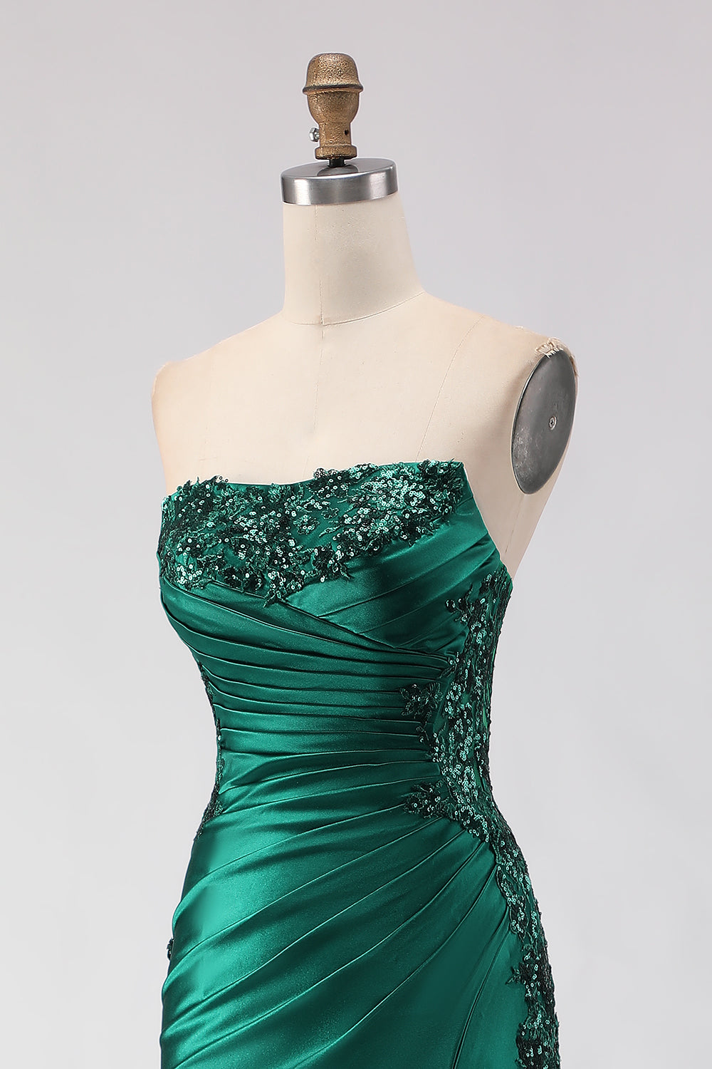 Sparkly Dark Green Mermaid Ruched Strapless Long Satin Prom Dress with Slit