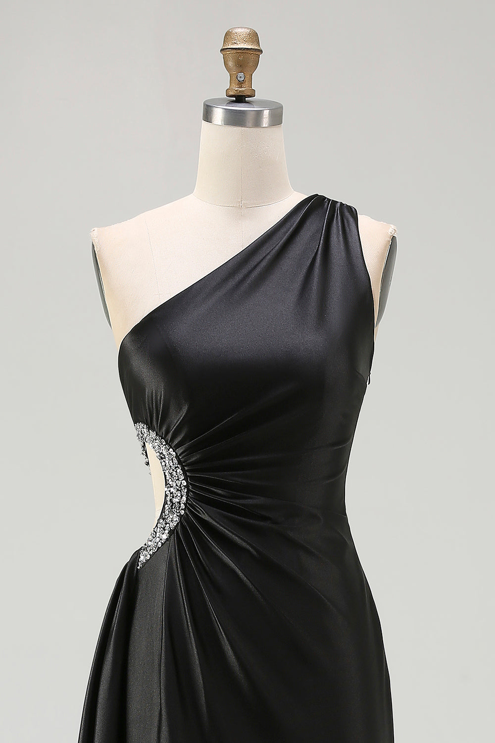 Sparkly Black Cut Out One Shoulder Long Prom Dress with Rhinestones