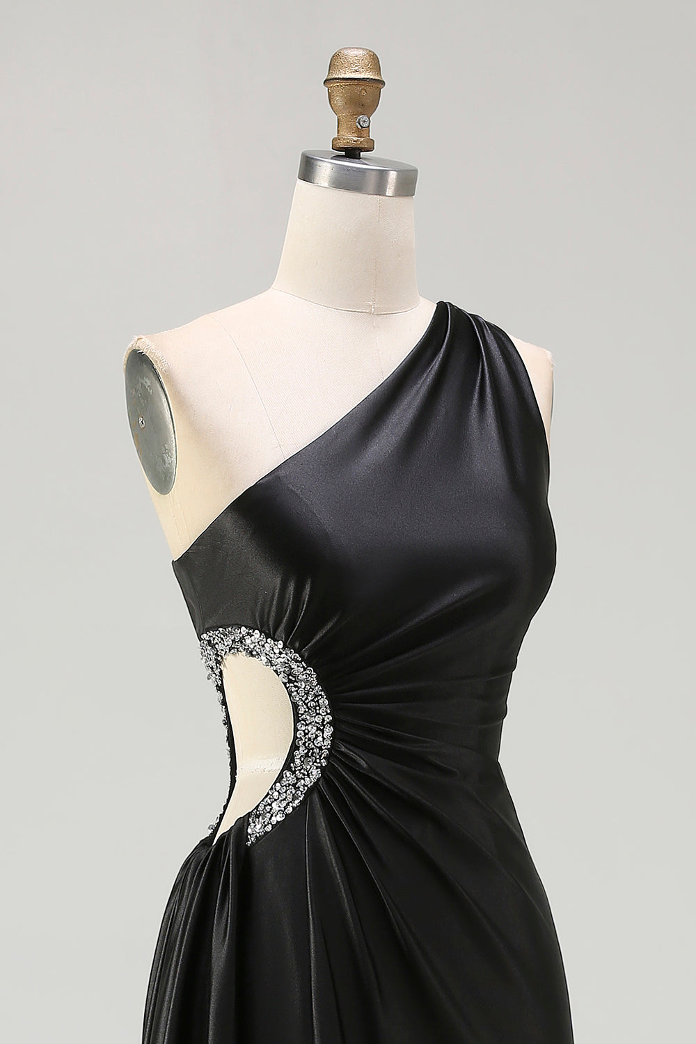 Sparkly Black Cut Out One Shoulder Long Prom Dress with Rhinestones