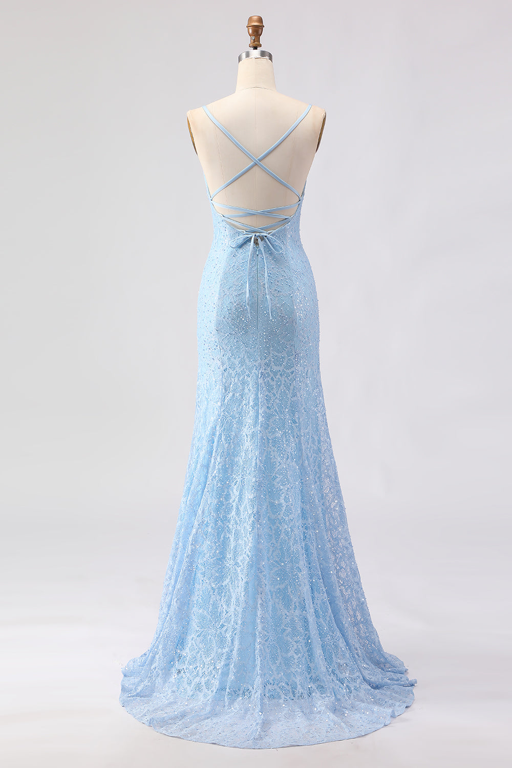 Sparkly Sky Blue Spaghetti Straps Long Prom Dress with Beadings