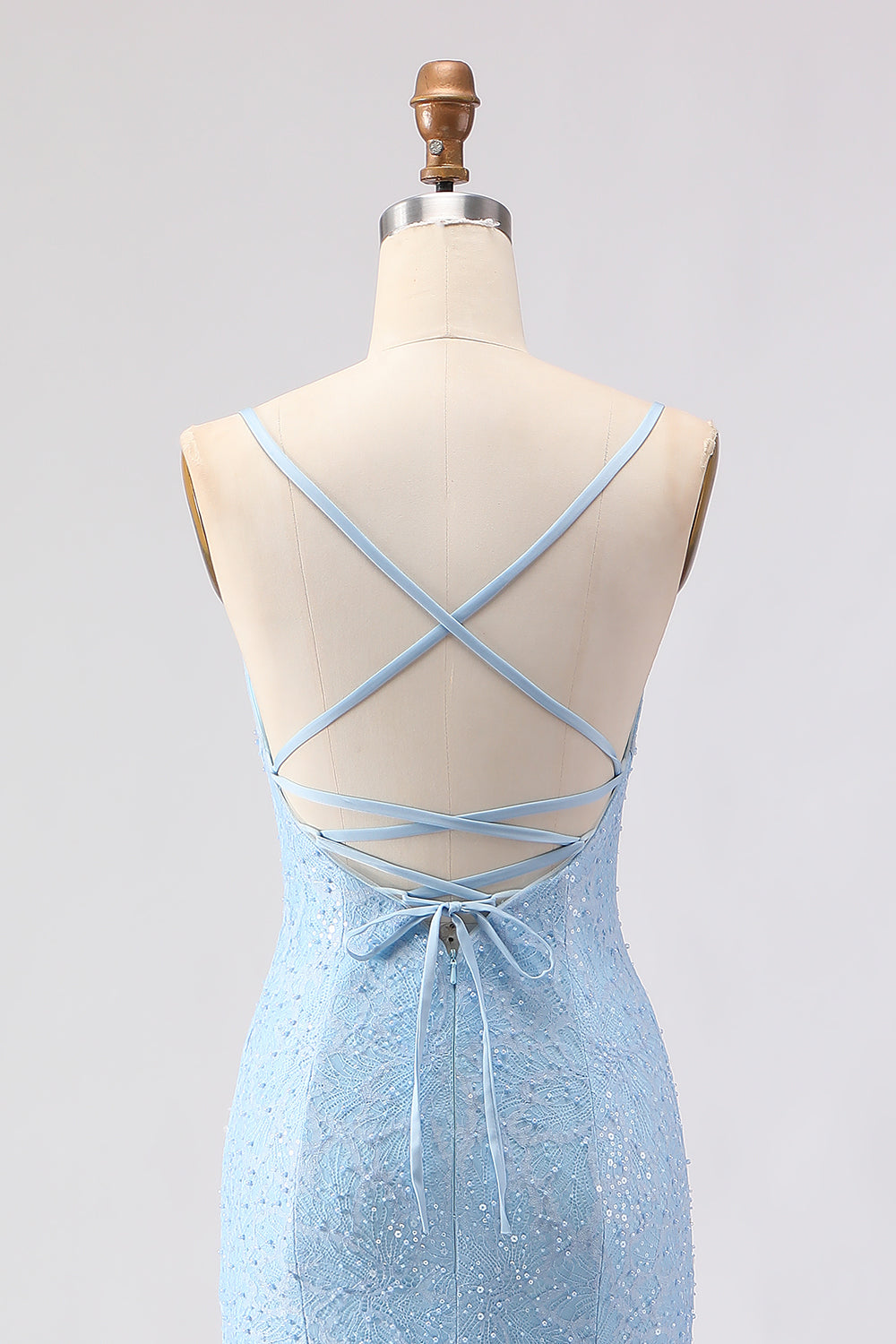 Sparkly Sky Blue Spaghetti Straps Long Prom Dress with Beadings