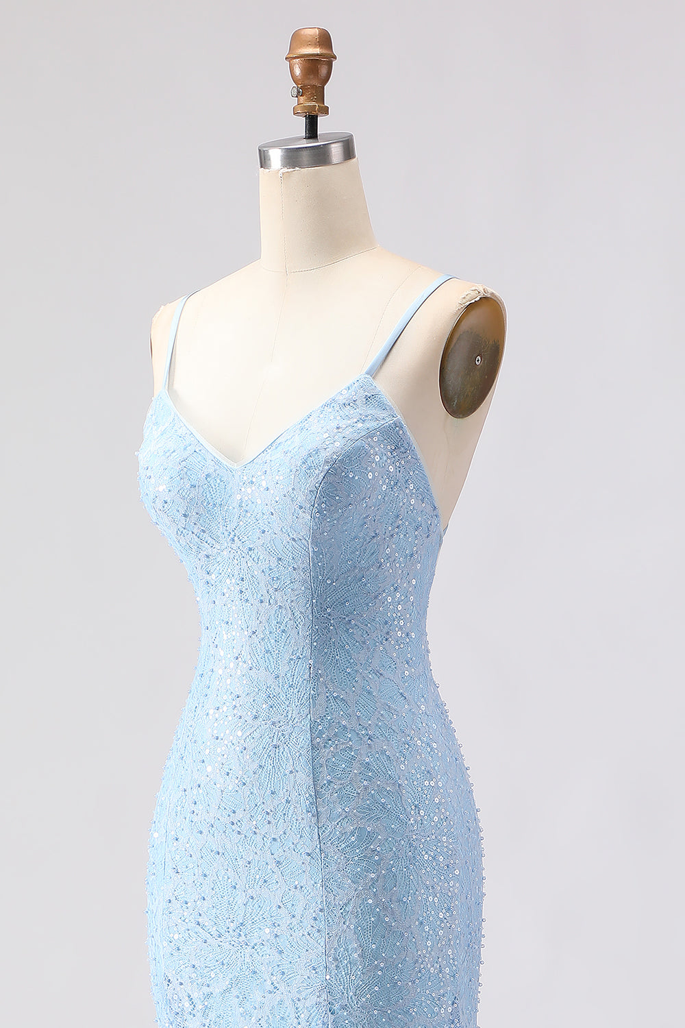 Sparkly Sky Blue Spaghetti Straps Long Prom Dress with Beadings